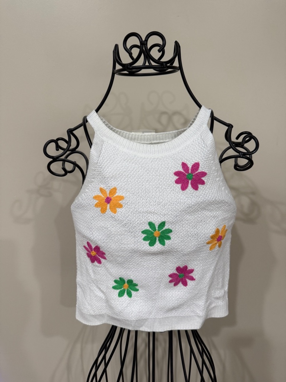 Epic Threads White Cropped Tank Top with Pink, Yellow & Green Floral Embroidery